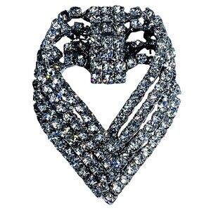 VTG Crystal Heart Brooch 2" Silver Tone Statement Lovecore Layered Valentine